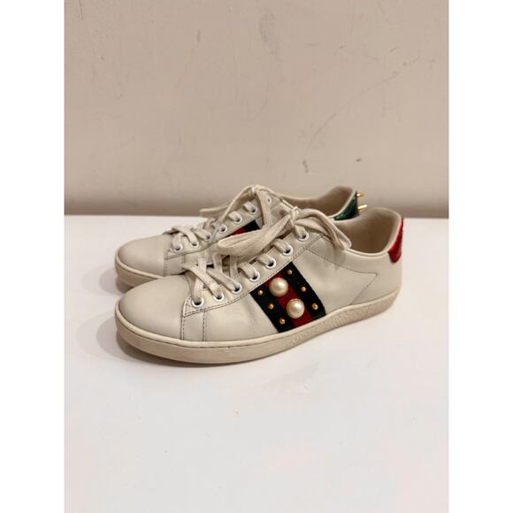 Gucci Embellished Leather Web Detail Ace Low Top Sneakers White Womens Size 36 - Picture 1 of 6